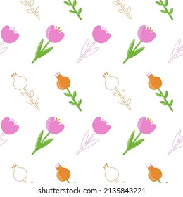 Floral seamless pattern with flowers. Vector Illustration in orange, pink and green colors for fabric, textile, background, wallpaper.