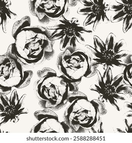 Floral seamless pattern with flowers. Vector background, design, print. Vintage halftone, mixed media