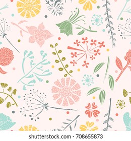 Floral seamless pattern with flowers. Vector blooming doodle floral texture. Colorful polka dot.