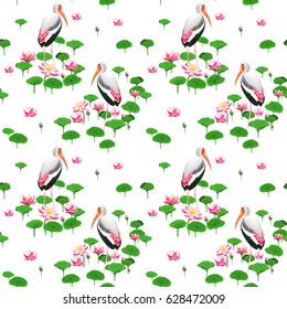 Floral seamless pattern with flowers of water lily and stork birds on white background.