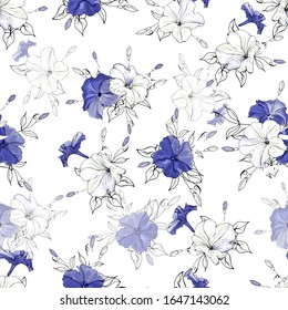 Floral sin fisuras con flores de petunia blanca y violeta y hojas esquemáticas sobre fondo blanco. Dibujado a mano. Para diseño, textil, estampado, papel pintado, papel envolvente. Ilustración de material vectorial.