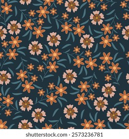 Floral seamless pattern. Flowery surface design of scandi flowers and leaves. Millefleur allover print scandinavian flowers and leaves. Artwork of wild blossom on deep blue color background.  