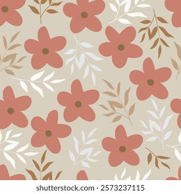 Floral seamless pattern. Flowery surface design of scandi flowers and branchlets. Millefleur allover print scandinavian flowers and leaves. Artwork of wild blossom on beige color background.  