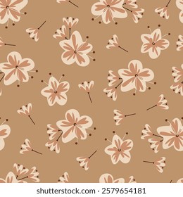 Floral seamless pattern. Flowery surface pattern design of allover print stylized flowers on brown color background. 