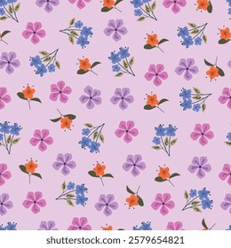 Floral seamless pattern. Flowery surface pattern of scandi flowers and leaves. Allover print foliage design of wildflowers blossom artwork on lavender color background. 