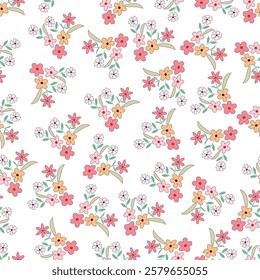 Floral seamless pattern. Flowery surface pattern of scandi flowers and leaves. Allover print foliage design of wildflowers blossom artwork on white color background. 