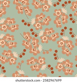 Floral seamless pattern. Flowery surface pattern design featuring stylized flowers and leaves. Blooming abstract flowers and leaves on laurel green color background. 