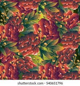 Floral seamless pattern. Flowery wallpaper with red surface flowers, green leaves and flourish ornaments. Ornate vector background.