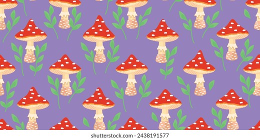 Floral seamless pattern of fly agaric mushrooms and twigs.Cartoon fungus with red cap on lilac background.Boletus print on fabric and paper.Endless wallpaper,cover,banner template.Vector illustration.