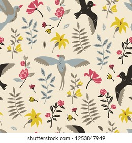 Floral Seamless Pattern with Flying Birds. Vector Hand Drawn Pattern.