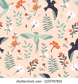 Floral Seamless Pattern with Flying Birds. Vector Hand Drawn Pattern.
