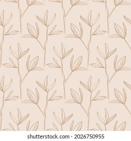 Floral seamless pattern with foliage, leaves silhouettes endless background. Elegant Botanical summer texture. Delicate stylish leaf sketch art. Vintage vector illustration for wedding, wrapping paper