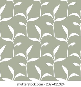 Floral seamless pattern with foliage, leaves silhouettes endless background. Elegant Botanical summer texture. Delicate stylish leaf sketch art. Vintage vector illustration for wedding, wrapping paper
