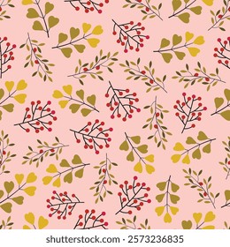 Floral seamless pattern. Foliage surface design of berries, branchlets and leaves. Allover print leafy texture on pink color background.  