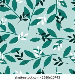 Floral seamless pattern. Foliage surface pattern design of abstract branchlets and leaves. Allover print leafy texture on pale aqua blue color background.