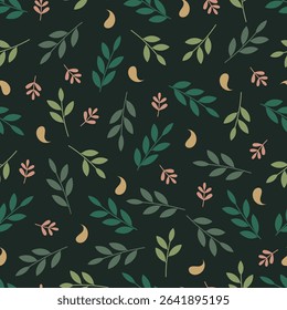 Floral seamless pattern. Foliage vector surface design of abstract branches of leaves. All over print leafy texture on deep forest green color background. 