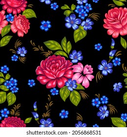 Patrón floral sin fisuras al estilo folk boho. Grandes rosas coloridas aisladas en negro. Fondo botánico de verano decorativo para estampados de moda, tela, textil o ropa de cama. Motivo ruso tradicional.