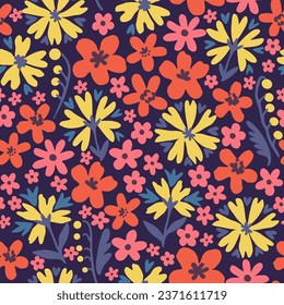 Floral seamless pattern in folk boho style. Ditsy print for textile, fashion and design. Vector illustration