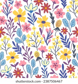Floral seamless pattern in folk boho style. Ditsy print for textile, fashion and design. Vector illustration