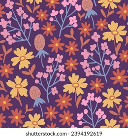 Floral seamless pattern in folk boho style. Ditsy print for textile, fashion and design. Vector illustration
