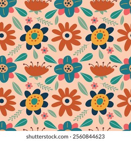 Floral seamless pattern. Folk boho flowers on a beige background. Vector illustration for background, wrapping paper, fabric, bed linen, wallpaper