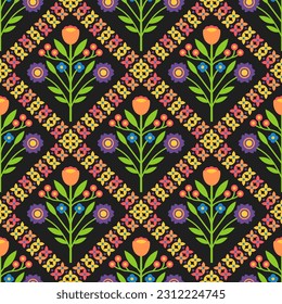Floral sin costuras con flores folclóricas. La impresión botánica, puede ser utilizada para tejidos, papel textil o tapizado, fondo natural con flores geométricas lindas. Por el Día de la Mujer, Día de la Madre. Ornamento eslavo