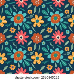 Floral seamless pattern. Folk flowers on a dark background. Vector illustration for packaging, wrapping paper, fabric, wallpaper, bed linen, cover