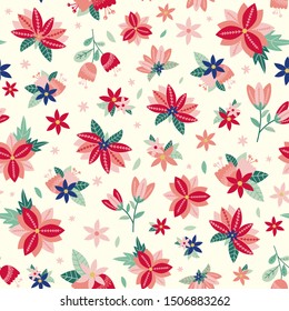 Floral seamless pattern folk style. White background. Vector illustration