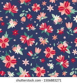 Floral seamless pattern folk style. Blue background. Vector illustration