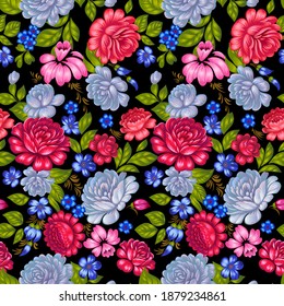 Floral seamless pattern in folk style. Colorful large roses.