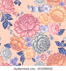 Floral seamless pattern in folk style. Colorful large roses.