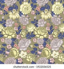 Floral seamless pattern in folk style. Colorful large roses.