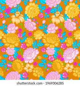 Floral seamless pattern in folk style. Colorful large roses.