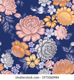 Floral seamless pattern in folk style. Colorful large roses.