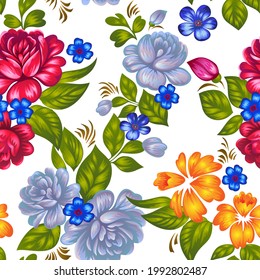 Patrón floral sin fisuras al estilo folclórico. Grandes rosas coloridas aisladas en blanco. Fondo botánico de verano decorativo para estampados de moda, tela, textil o ropa de cama. Motivo ruso tradicional.