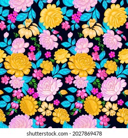 Patrón floral sin fisuras al estilo folclórico. Grandes rosas coloridas.