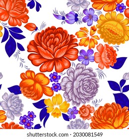 Floral seamless pattern in folk style. Colorful large roses isolated on white.