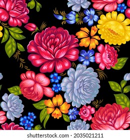 Floral seamless pattern in folk style. Colorful large roses. Boho ornament. Decorative summer botanical background for fashion prints, fabric, textile, wrapping or bedding. Traditional Russian motif.