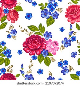 Blumennahtloses Muster im Folkloretil. Farbige große Rosen einzeln auf Weiß. Dekorativer botanischer Hintergrund für Modedrucke, Stoff, Textilien oder Bettwaren im Sommer. Traditionelles russisches Motiv.