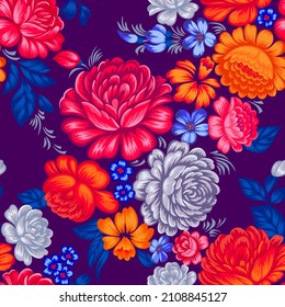 Floral seamless pattern in folk style. Colorful large roses.