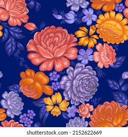 Floral seamless pattern in folk style. Colorful large roses.