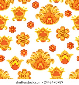 Floral seamless pattern in folk style. Colorful red and yellow flowers. Decorative background for prints, fabric, textile, wrapping. Traditional Russian motif. Zhostovo and Khokhloma painting style