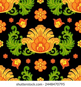 Floral seamless pattern in folk style. Colorful red and yellow flowers. Decorative background for prints, fabric, textile, wrapping. Traditional Russian motif. Zhostovo and Khokhloma painting style