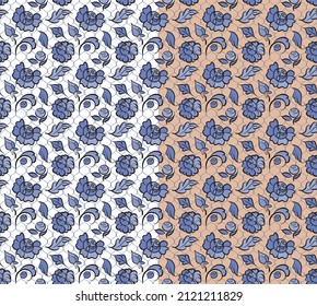 Floral seamless pattern, folklore lace motif grid ornament, hand drawn black ink brush stroke flower, leaves, monochrome lavender blue color palette. Transparent background. Vector illustration