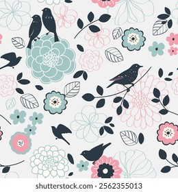 Floral seamless pattern with forest bird sitting on twig silhouette. Easter design for wrapping or fabric. Beautiful flowers, birds and spring leaves. Vector stock illustration.