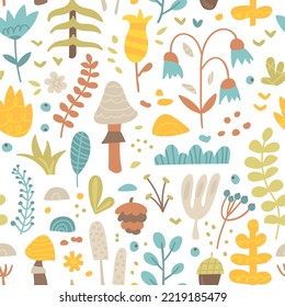 Floral seamless pattern of forest herbs, leaves, twigs, flowers, acorn, berries and mushroom. Vector flat hand drawn illustration with botanical elements, ornamental plants. Abstract season background