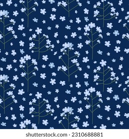 Floral seamless pattern. Forget me not flowers on navy background. Girly print