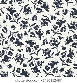 Floral seamless pattern with forget-me-not flowers silhouettes. Vector black and whtie floral print. Hand-drawn illustration, not AI