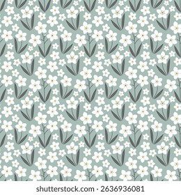 Floral seamless pattern with forget-me-nots flowers. Summer meadow mint background. Template for card, invitation, poster, wrapping paper, interior decor. Fabric textile print.