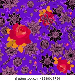 Floral seamless pattern with fresh red roses and fantasy flowers in folk style on vibrant lilac background. Print for fashionable fabric.